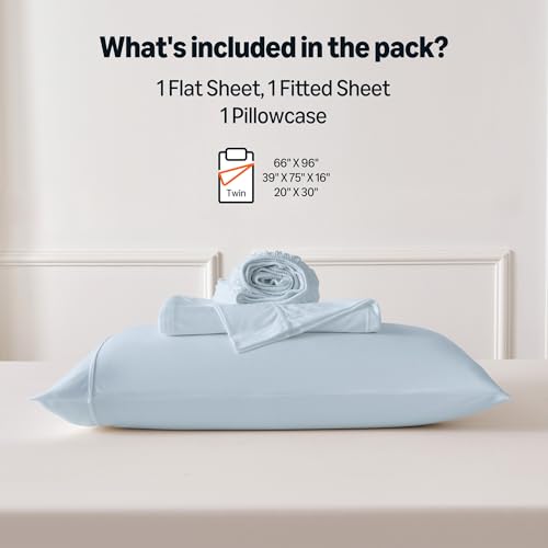 Image of Amazon Basics Jersey Knit 3-Piece Sheet Set, Wrinkle Free and Easy Fit, Includes 16 inch Deep Pocket Fitted Sheet, 1 Flat Sheet and 1 Pillowcase, Twin, Blue