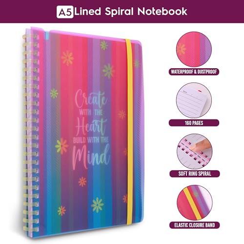 Image of DOODLE A5 Notebook with Soft Spiral Wiro, Elastic Band Closure & Pen Holder | Beautifully Printed PP Cover | 160 Pages of Premium Ruled Paper | Perfect for School, College & Office Use - Heart & Mind