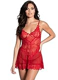 Yandy Sexy Small Red Babydoll Set with Sheer Lace Cups Adjustable Straps Ruffled Hemline and a G...