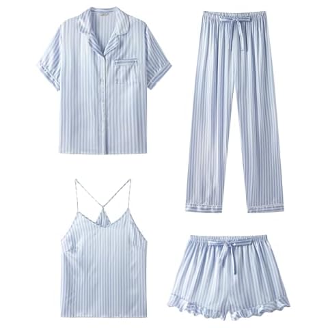 SAPJON Silk Pajamas for Women Set 4Pcs Ruffled Satin Pajamas Set Button Down Short Sleeve Cami Shorts Sleepwear Pj Set Cover