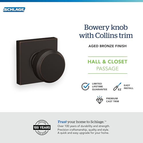 Image of Schlage F10 BWE 716 COL Bowery Knob with Collins Trim Hall & Closet Passage Door Lock, Aged Bronze