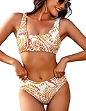 AI'MAGE Women Ribbed Bikini Sets Sporty Swimsuits Scoop Neck Two Piece Bathing Suits High Cut Bikini(Leaves,Medium)