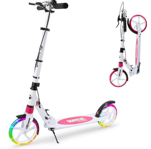 LED Light Up Large Wheels Scooter for Kids Ages 6-12 and Adults with Handbrake, Kick Scooters for Teens 12 Years and Up with Carry Strap and Bell, Easy Fold, Height Adjustable