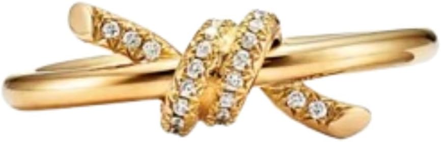 Ssjewel 0.05 Ct Round Cut Diamond Knot Elegant Dainty Minimalist Proposal Engagement Ring For Women 14K Gold Plated 925 Sterling Silver Handmade Modern Beautiful Promise Ring Gift For Her