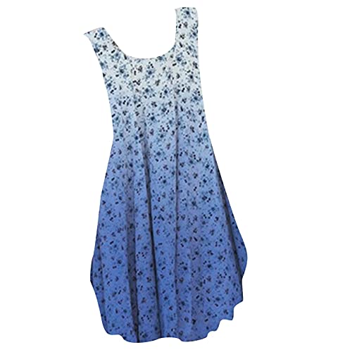 Sommerkleider für Frauen Urlaub Casual Damen Kleider Hals Damen Lose Floral Rundes Kleid Ärmellos Weste Farbverlauf Damen Kleid Lose Swing Freizeitkleid, blau, Small Cover