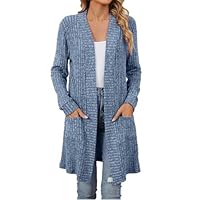 Uwdiohq Pulls Longs pour Femmes d'automne Légers, Col en V, Pull Ouvert sur Le Devant, Boutonné, Kaki, Petit (Blue, XXL) Cardigan Femme Hiver Gilet Cachemire Ete Long Grande Taille Bouton Bleu