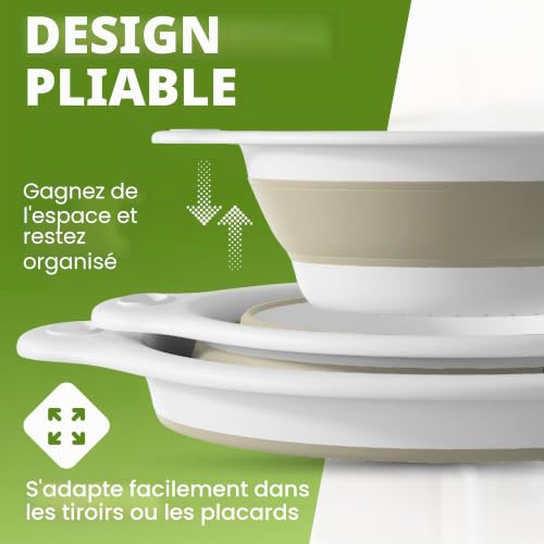 GEVOLI Passoires pliables (lot de 2) – Passoires alimentaires avec base d’égouttage pour évier, idéales pour pâtes, fruits et légumes (4 L et 5 L) – Blanc/Beige – vue 3