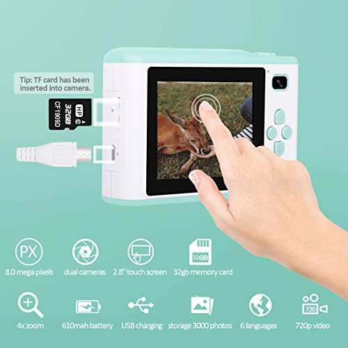 KIDWILL Kids Camera, 8.0MP Digital Dual Camera Rechargeable Shockproof Camcorder Camera with 2.8 Inch Touch Screen,32GB SD Card Included, Ideal Gift for 3-12 Years Old Girls Boys Party Outdoor(Green)
