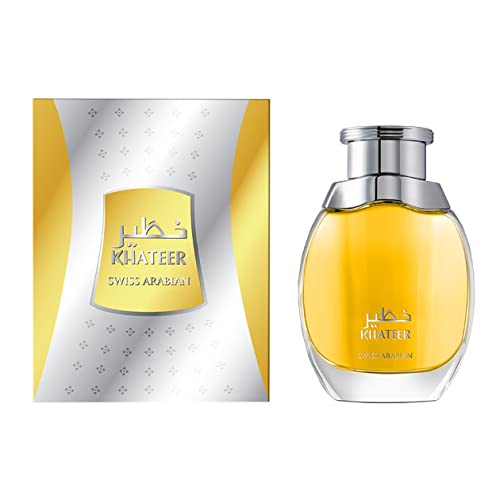 Khateer, Eau de Perfume 100mL | Intense Aromatic Unisex Cologne | Blend of Mint, Amber, Pepper, Vetivert, Rose, Vanilla, Oakmoss, Oud Wood | By Fragrance Artisan Swiss Arabian | Spray EDP