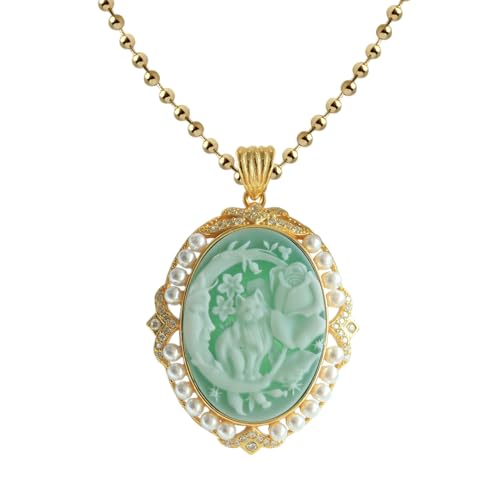 Dreams-Mall& Vintage Cat Cameo Necklace for Women, Agate Cameo in