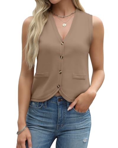 Tanou Sweater Vest for Women Casual Sleeveless Button Up V Neck Cardigan Summer Knit Ribbed Tank Tops