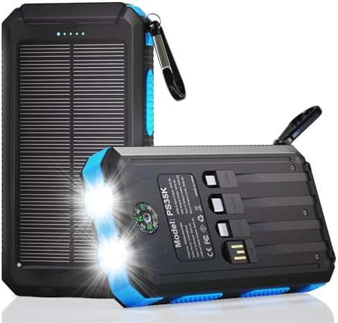 Solar Charger Power Bank 20,000mAh, Portable Charger, 4 Cables ...