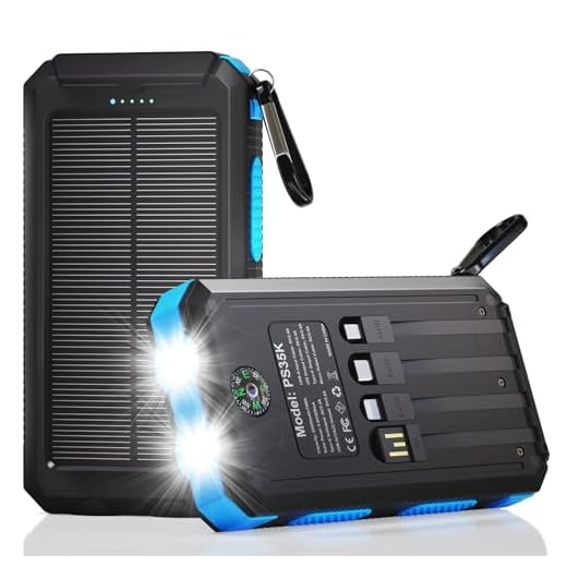Durecopow Solar Charger Power Bank 20,000mAh, Portable Charger, 4 Cables 3 Ports Fast Charging External Battery Pack with USB C for Cell Phones, Solar Panel Charger with Dual Flashlight for Camping