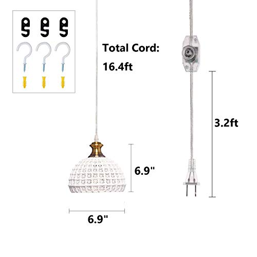 HMVPL Ceramic Plug in Pendant Light Fixture, Unique Swag Ceiling Lamp with 16.4 Ft Hanging Cord and On/Off Dimmable Switch for Kitchen Island Table Dining Room Bedroom Entryway (6.9 inches)