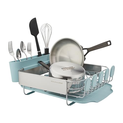 Image of KitchenAid Compact Space Saving Rust Resistant Dish Rack with Removable Flatware Caddy and Angled Self Draining Drainboard, 12.63 x 15.87 x 5.54 Inch, Mineral Water