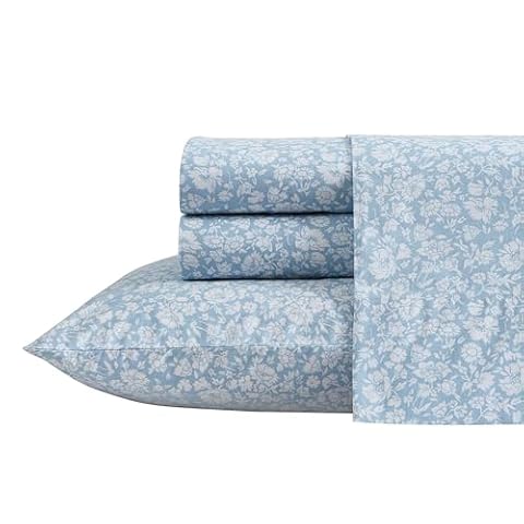 Laura Ashley Prześcieradła w rozmiarze Twin, zestaw pościeli z bawełny perkalowej, lekka i oddychająca dekoracja domu, kolor niebieski (Heirloom Ditzy Blue), rozmiar Twin