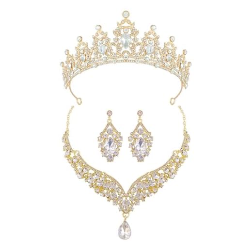 XFSRG Elegantes Braut Schmuckset 3 Teilig mit Funkelnder Krone V Förmiger Halskette und Tropfenförmigen Ohrringen Luxuriöses Hochzeitsschmuck für Besondere Anlässe (Gold)