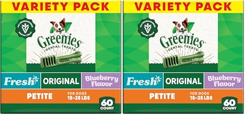 Greenies Veterinarian-Recommended Adult Natural Dental Dog Treats Petite Size,Variety Pack Flavor,(3) 12 oz. Packs,60 Count (Pack of 2)
