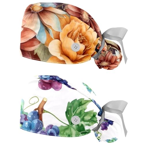 IROLSKDNFH 2 Pcs Working Cap with Buttons Sweatband Watercolor Flowers Brown Background Ribbon Tie Back Bouffant Hats