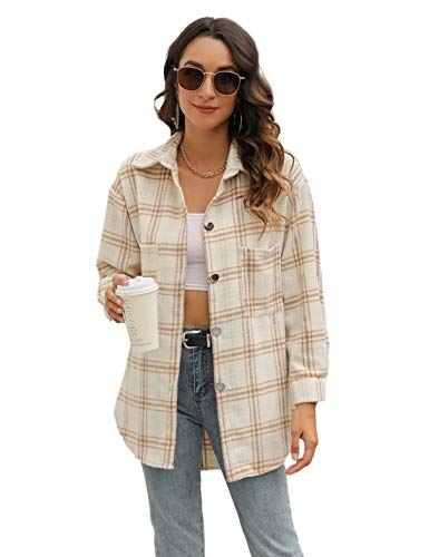 Himosyber Womens Casual Button Down Plaid Lapel Wool Blend Shacket Blouse Shirt Coat (Coffee, Small)