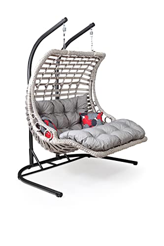 Alveon Hängesessel mit Gestell & Kissen mit Schutzhülle Handgeflechtet Hängestuhl Rattan Hängematte Hängekorb Garten Balkonmöbel Hängeschaukel Bodrum Double(Weiß)
