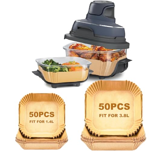 Image of 100PCS Air Fryer Liners for Ninja CRISPi FN101UKGY, Disposable Air Fryer Parchment Paper Liners for 3.8L & 1.4L Glass Container Air Fryer, Non-Stick Air Fryer Accessories for Ninja CRISPi