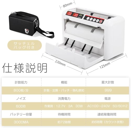 TAOXIAOLU お札カウンター ハンディカウンター 小型 充電式 高速紙幣カウンター UV紫外線/MG磁気偽札感知 50×110mm~100×190mm 紙幣/券類/新札対応 K-1000 の商品画像 3