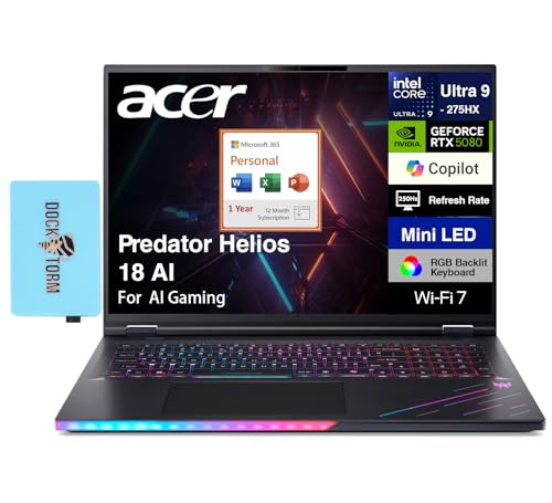 Image of acer Predator Helios 18 AI AI Gaming Laptop 18 inch WQXGA (Intel Ultra 9-275HX, GeForce RTX 5080 16GB, 64GB DDR5, 2TB PCIe SSD, Win 11 Home) w /MS 365 Personal, DKZ USB Port Expander