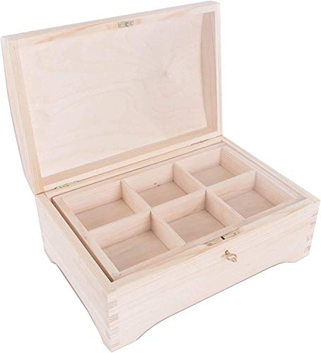 Boîte de rangement verrouillable en bois avec plateau séparé amovible | 30 x 20 x 13 cm | Organiseur pour bijoux, bagues, bracelets, boucles d'oreilles | 6 compartiments | Non peint et non traité Cover