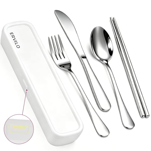 Travel Utensils with Case, Stainless Steel Portable Cutlery Set, Lunch Box Silverware for Work Camping Picnic, Reinforced Case with Snap-Lock Closure, Include Fork Spoon Knife Chopsticks, Silver