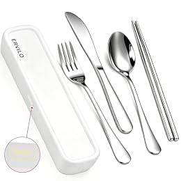 Travel Utensils with Case, Stainless Steel Portable Cutlery Set, Lunch Box Silverware for Work Camping Picnic, Reinforced Case with Snap-Lock Closure, Include Fork Spoon Knife Chopsticks, Silver