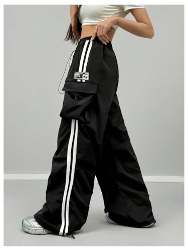 Verdusa Women's Striped Wide Leg Baggy Cargo Pants Drawstring Waist Workout Pants with Pockets4