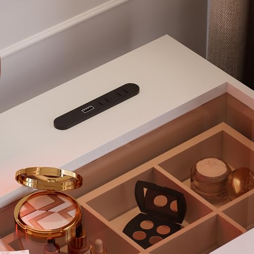 Image of homary Makeup Vanity Desk with LED Mirror & Charging Station, Vanity Table with Tempered Glass Top, 6 Drawers Storage, 3 Color Lighting Modes, Vanity Desk with Chair for Bedroom (White)