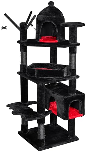 BEWISHOME Heavy Duty Gothic Cat Tree, 63 in Large Cat Trees Halloween Cat Tower with Coffin Bed, Cat Houses with Scratching Posts for Large Cats 20 lbs+, Tall cat Condos, Black & Red