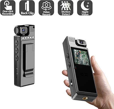 Dkian L9 Mini Camera showing its front and back with a clip, highlighting one-click recording, back clip, video record, motion detect, and night vision icons.