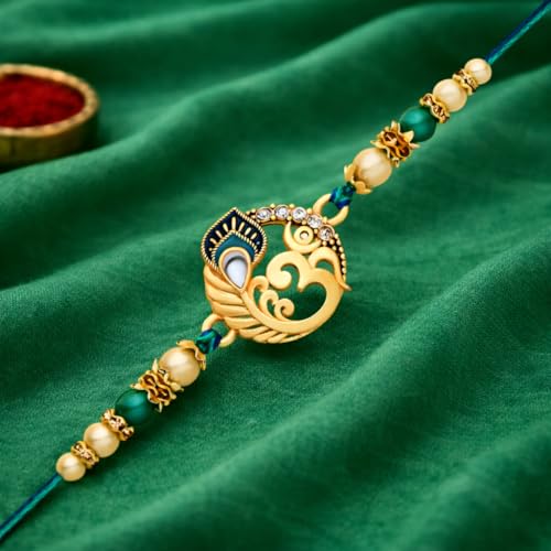 Image of Riddhika Ventures Alluring Gold Plated Om and Pearl Rakhi with Roli Chawal & Greeting Card for Men (P8)