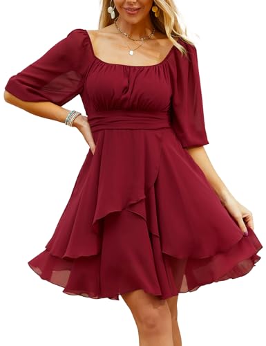 Image of Beluring Womens Summer Dress Square Neck Going Out Dress Puff Sleeve Smock Dress Burgundy M