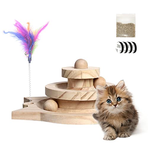 Jouet Interactif pour Chat, Jouets pour Chats en Bois, Jouet de Chat Drôle Tourne, Jouets pour Chats avec Plumes Amusant, Jouet Interactif pour Chaton en Bois, Jouet pour Chat et Chaton Cover