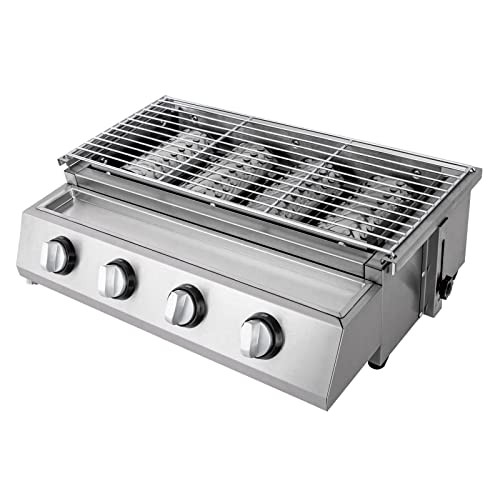 Silber Gasbräter Gasgrill, 4 Brenner BBQ Tischgrill Edelstahl Gastrobräter LPG Gas Grills Höhenverstellbar Abnehmbarer Grill, für Camping Balkon Garten