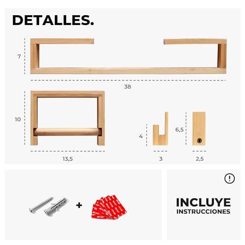 danhol® Juego Accesorios baño | Accesorios baño sin Taladro (Adhesivo) | Set de baño de 4 Piezas | Toallero + 2 Ganchos + Portarrollos Papel higienico Madera Bambú - imagen 2