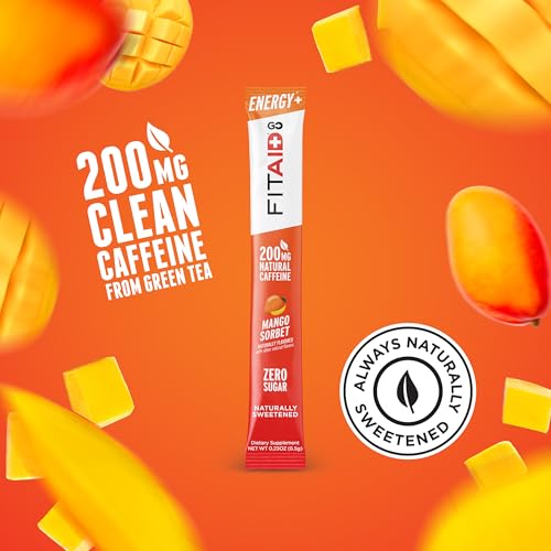 Image of FITAID Energy GO Blend, 200mg Caffeine from Green Tea, Zero Sugar, All-in-One Drink: BCAAs, B-Complex, COQ-10, Keto Friendly Pre-Workout Drink, Paleo, Mango Sorbet, (Value Pack of 30)