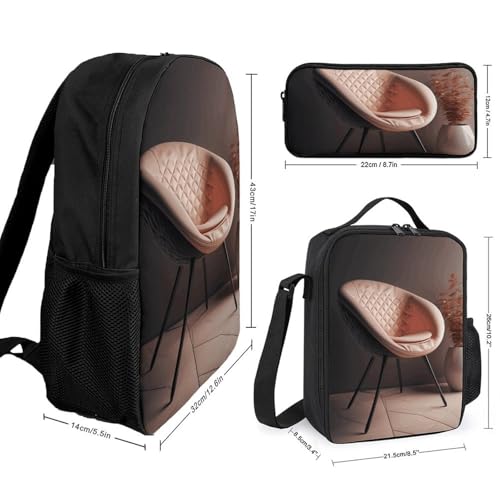 3 Piece Backpack for Women Men Lightweight Causal Daypack Shoulder Bag Set with Insulated Lunch Bag And Pencil Case Organizers Modern Style Chair2