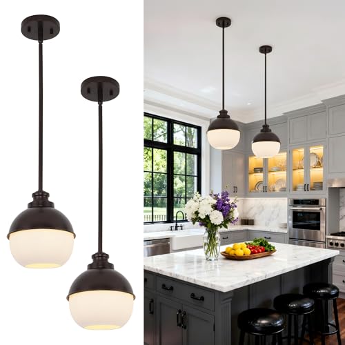 Image of Beionxii Globe Glass Pendant Lights Kitchen Island, Modern Kitchen Pendant Lighting Over Island, Farmhouse Industrial Cage Hanging Lighting with Milk Glass for Sink, Dining Room, BX-PL06ORB-S2