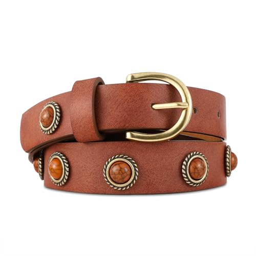 Women's Brown Rivet Belt with Gold Buckle Punk Studded Belt for Jeans Pants Dresses