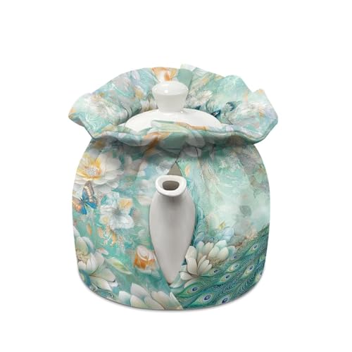 Image of Xoenoiee Peacock Butterfly Peony Floral Print Tea Cozy Cotton Tea Cosy for Teapots Keep Warm Teapot Cover Insulated Kettle Cover for Home Kitchen Table Decor