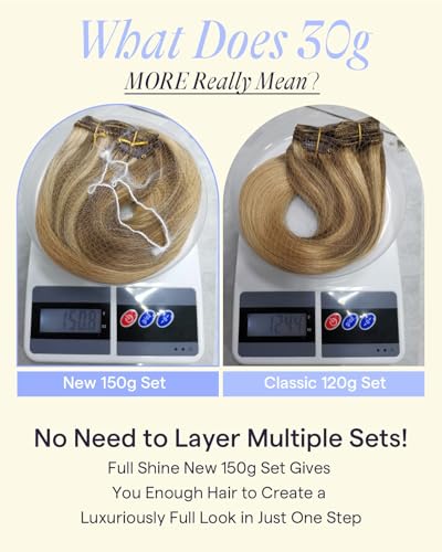 Image of Full Shine Invisible Clip in Hair Extensions Human Hair, 20 Inch 150g 7Pcs | Caramel Latte Rooted Highlight Blonde Clip in Human Hair Extensions, Designed for Volume, Full Head Look, Everyday Wear