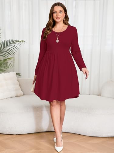 Image of AusLook Women's Plus Size Long Sleeve Midi Dress Casual Empire Waist Loose Flowy Dresses A-Line Boho Long Dress with Pockets