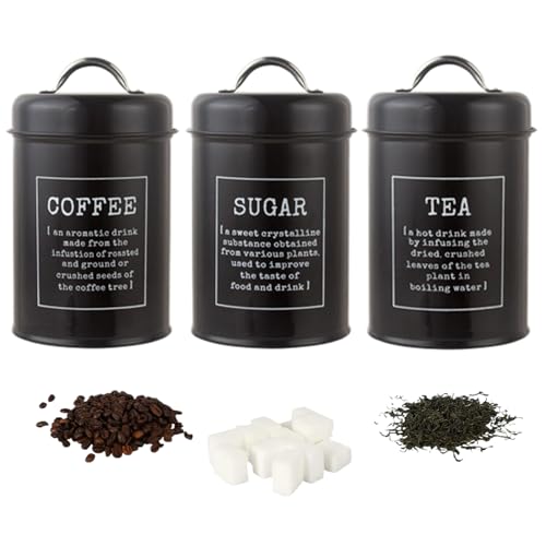 Juego de botes de cocina negro, 3pcs 1200 ml de té de metal café botes de azúcar con tapas herméticas, jarras de azúcar de café de té vintage Juego de azúcar de té de café