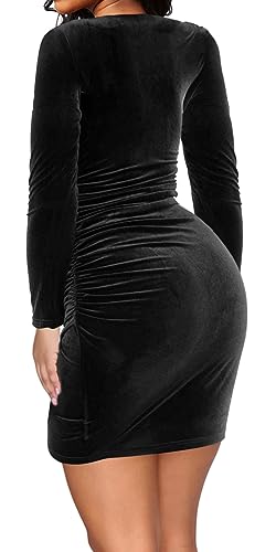 Image of SeNight Dresses for Women Sexy Ruched Sparkly Bodycon Long Sleeve Deep V Neck Club Mini Dress for Party Club Night