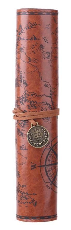 Azelf Treasure Map Design Antique Canvas Leather Roller Pen Bag for Pen Storage Use (Brown)